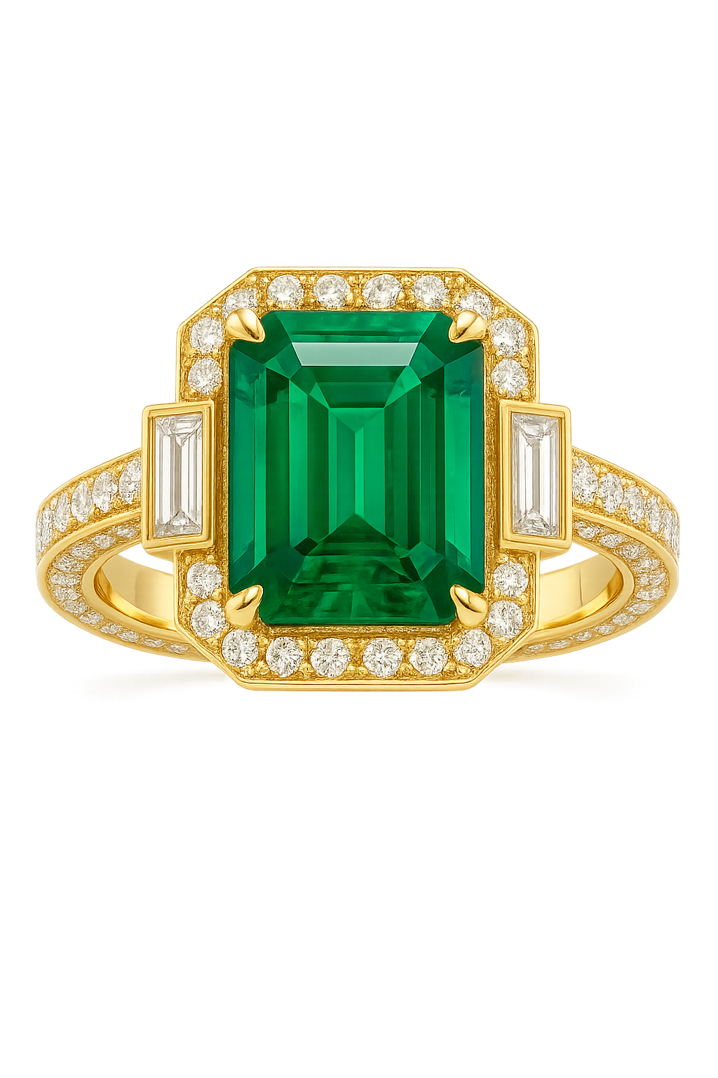 Women’s 18K Yellow Gold Emerald-Cut Emerald & Baguette Diamond Side Stone Ring