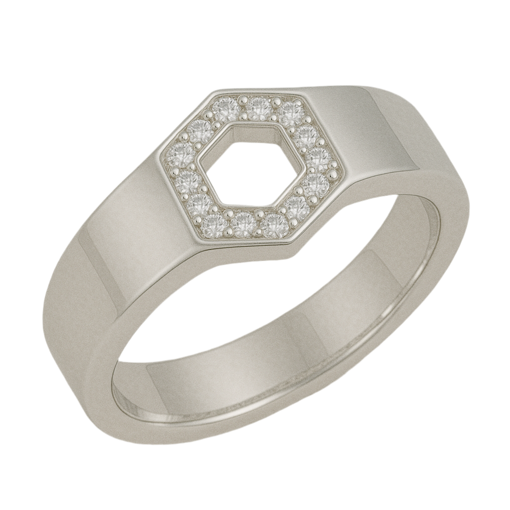 18K White Gold Men’s Ring – Hex Mesh Pavé