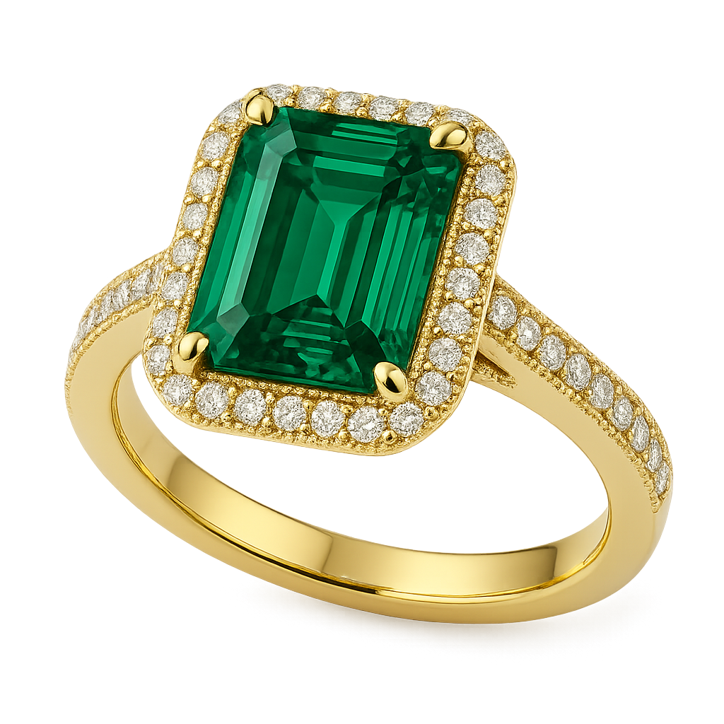 Women’s 18K Yellow Gold Emerald-Cut Emerald & Diamond Halo Ring