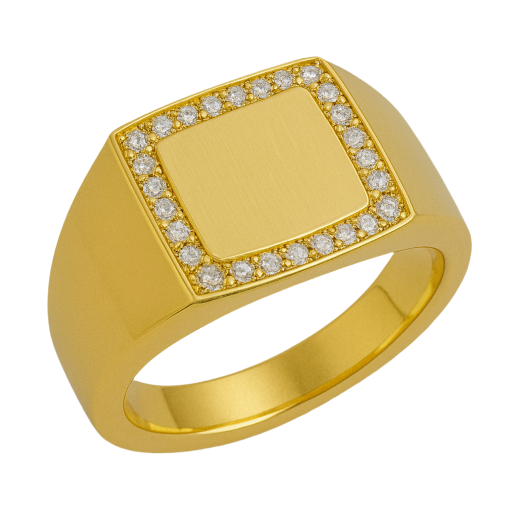 18K Yellow Gold Men’s Ring – Square Pavé Statement