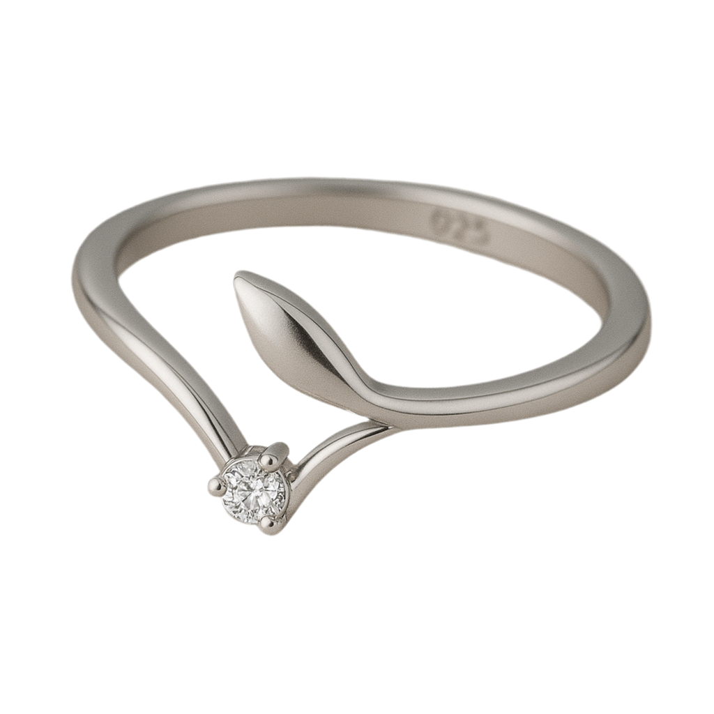 925 Silver Women’s Ring – Leaf and Solitaire