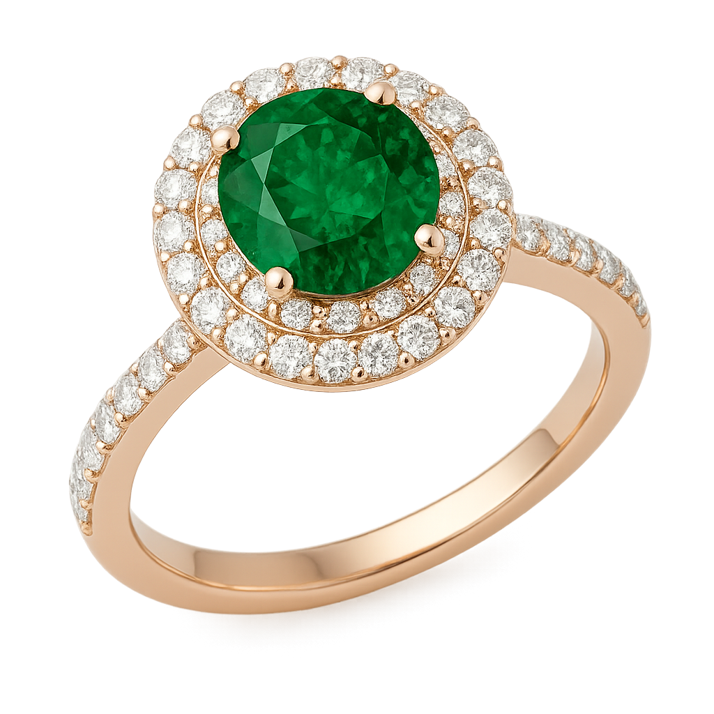 Women’s 18K Rose Gold Round Emerald & Double Diamond Halo Ring