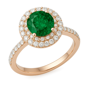Women’s 18K Rose Gold Round Emerald & Double Diamond Halo Ring