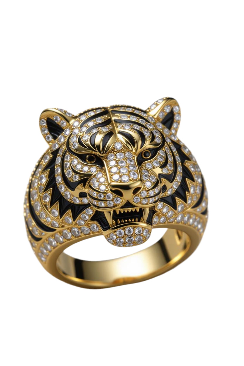 Men’s 18K Gold Diamond Tiger Head Ring