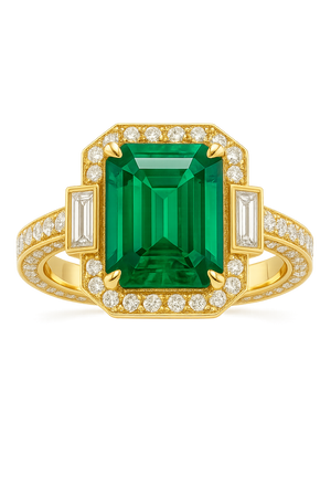 Women’s 18K Yellow Gold Emerald-Cut Emerald & Baguette Diamond Side Stone Ring