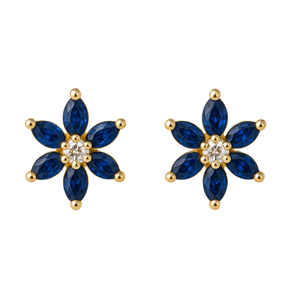 Pair of blue flower-shaped earrings in gold 