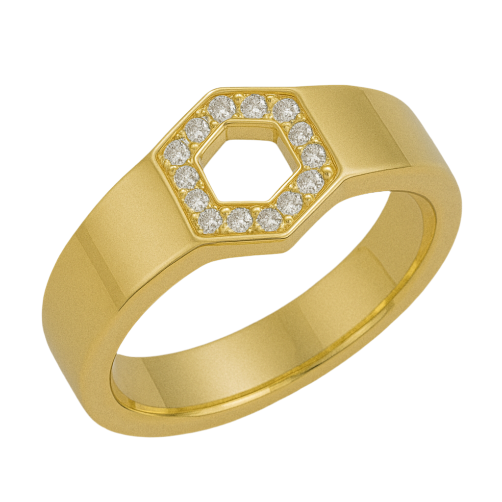 18K Yellow Gold Men’s Ring – Hex Mesh Pavé