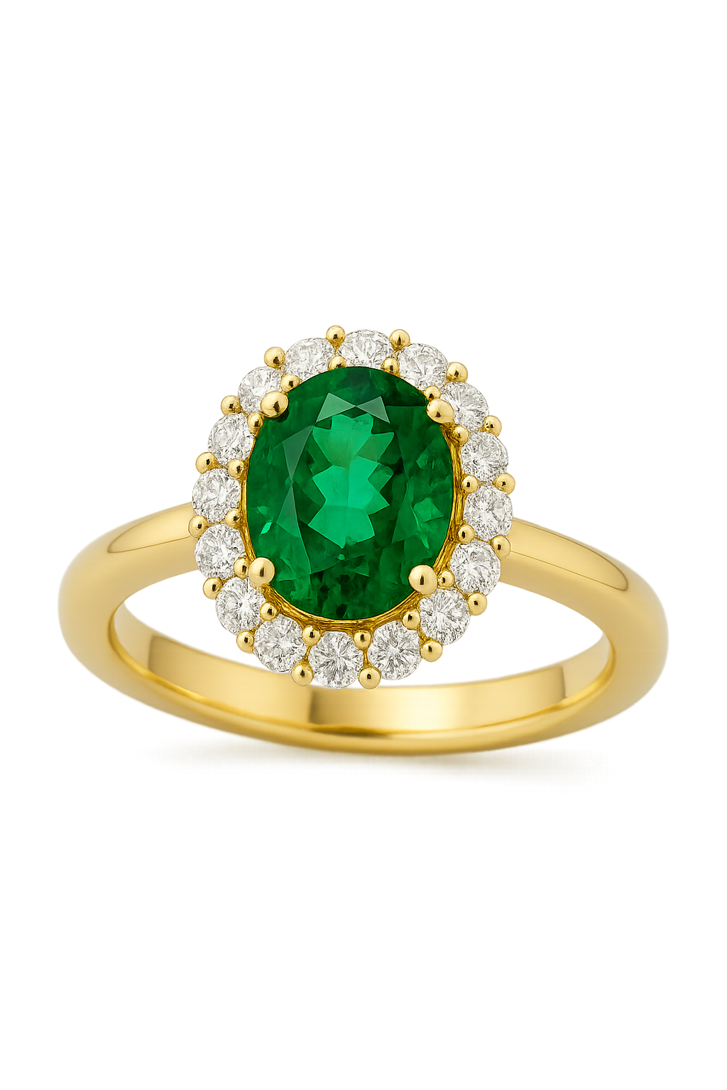 Women’s 18K Yellow Gold Oval Emerald & Diamond Halo Ring