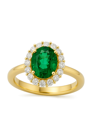 Women’s 18K Yellow Gold Oval Emerald & Diamond Halo Ring