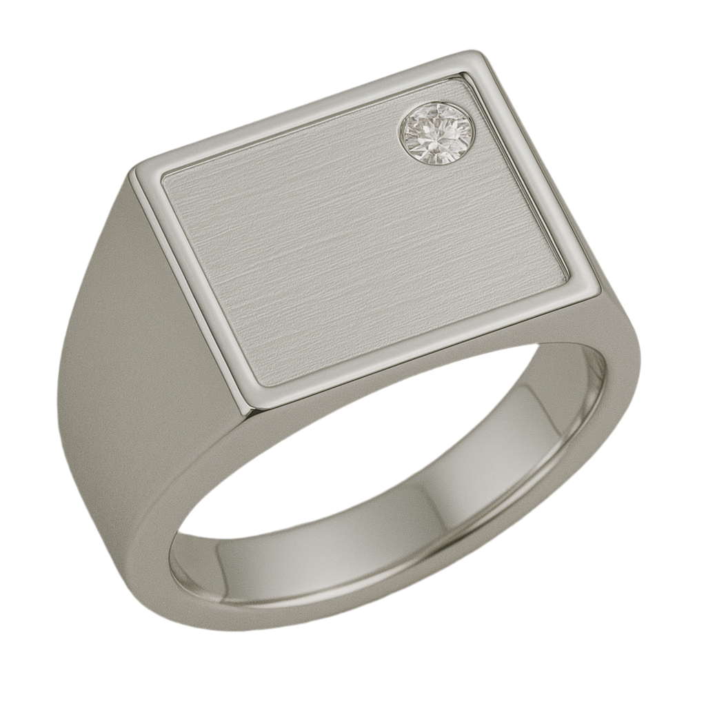 925 Silver Men’s Ring – Brushed Signet with Diamond